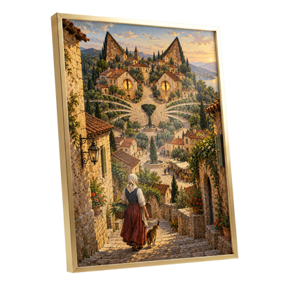 The Cat-Eyed Village, beige, green, gold abstract wall art shown as a gold framed poster wall art print