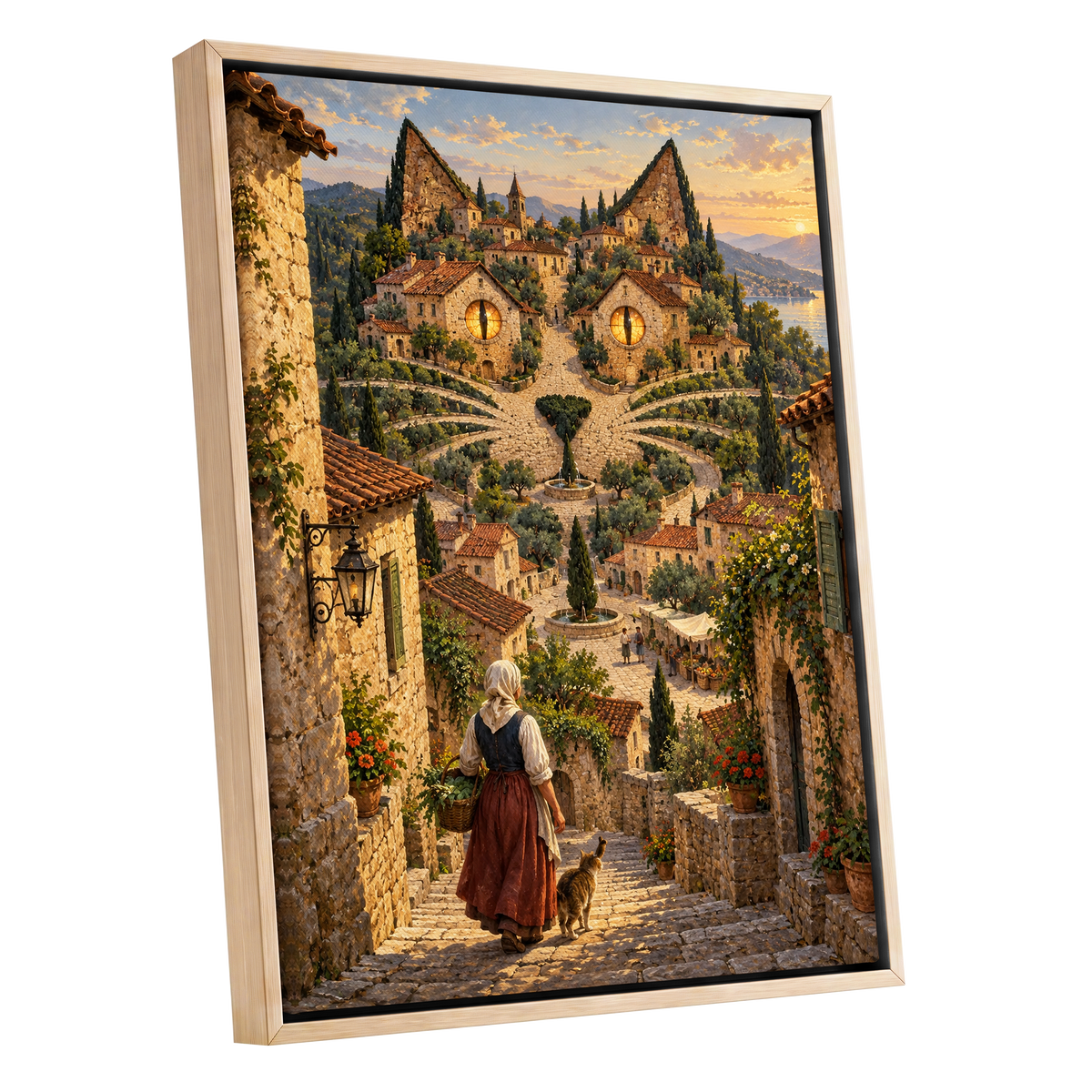 The Cat-Eyed Village, beige, green, gold abstract wall art shown as a oak framed canvas wall art