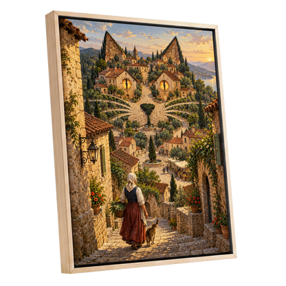 The Cat-Eyed Village, beige, green, gold abstract wall art shown as a oak framed canvas wall art