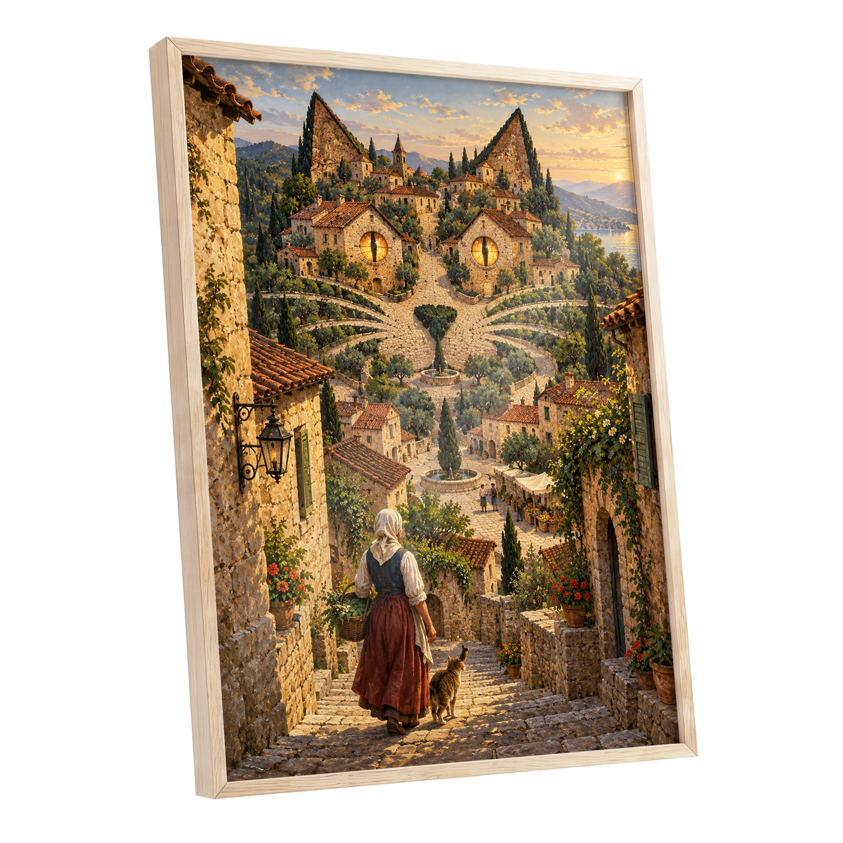 The Cat-Eyed Village, beige, green, gold abstract wall art shown as a oak framed poster wall art print