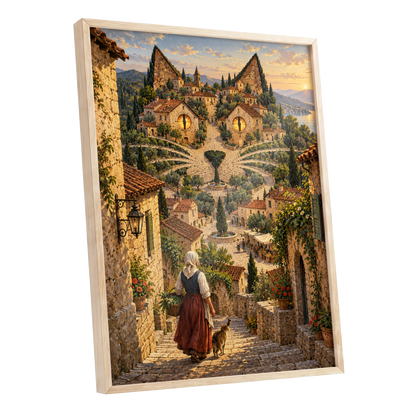 The Cat-Eyed Village, beige, green, gold abstract wall art shown as a oak framed poster wall art print
