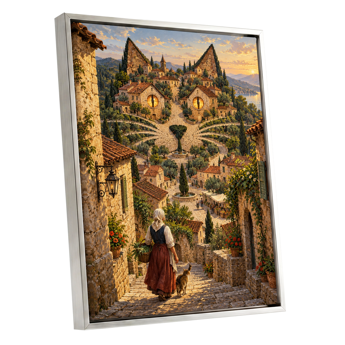 The Cat-Eyed Village, beige, green, gold abstract wall art shown as a silver framed canvas wall art