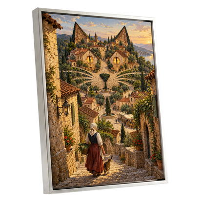 The Cat-Eyed Village, beige, green, gold abstract wall art shown as a silver framed canvas wall art