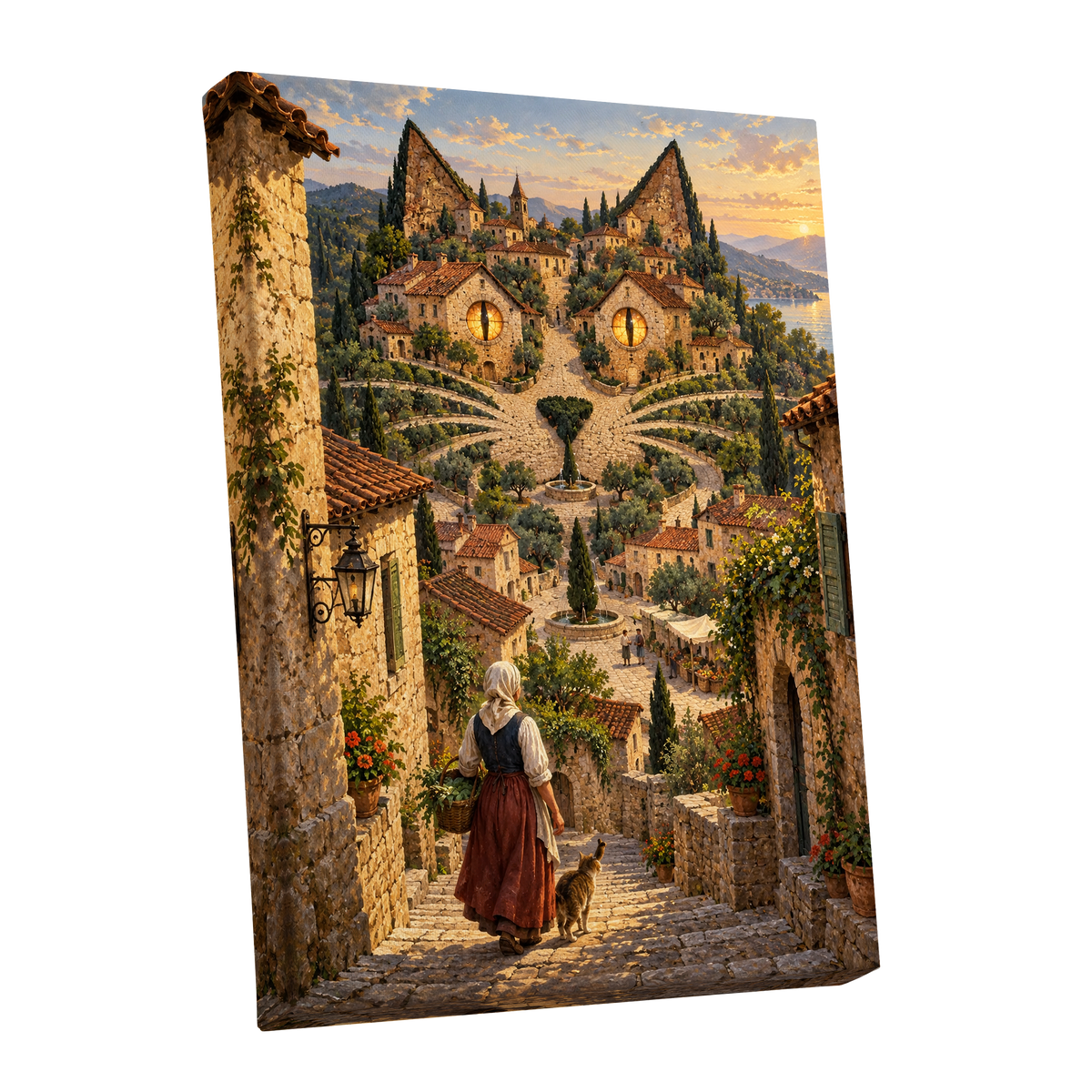 The Cat-Eyed Village, beige, green, gold abstract wall art shown as a stretched canvas wall art