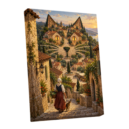 The Cat-Eyed Village, beige, green, gold abstract wall art shown as a stretched canvas wall art
