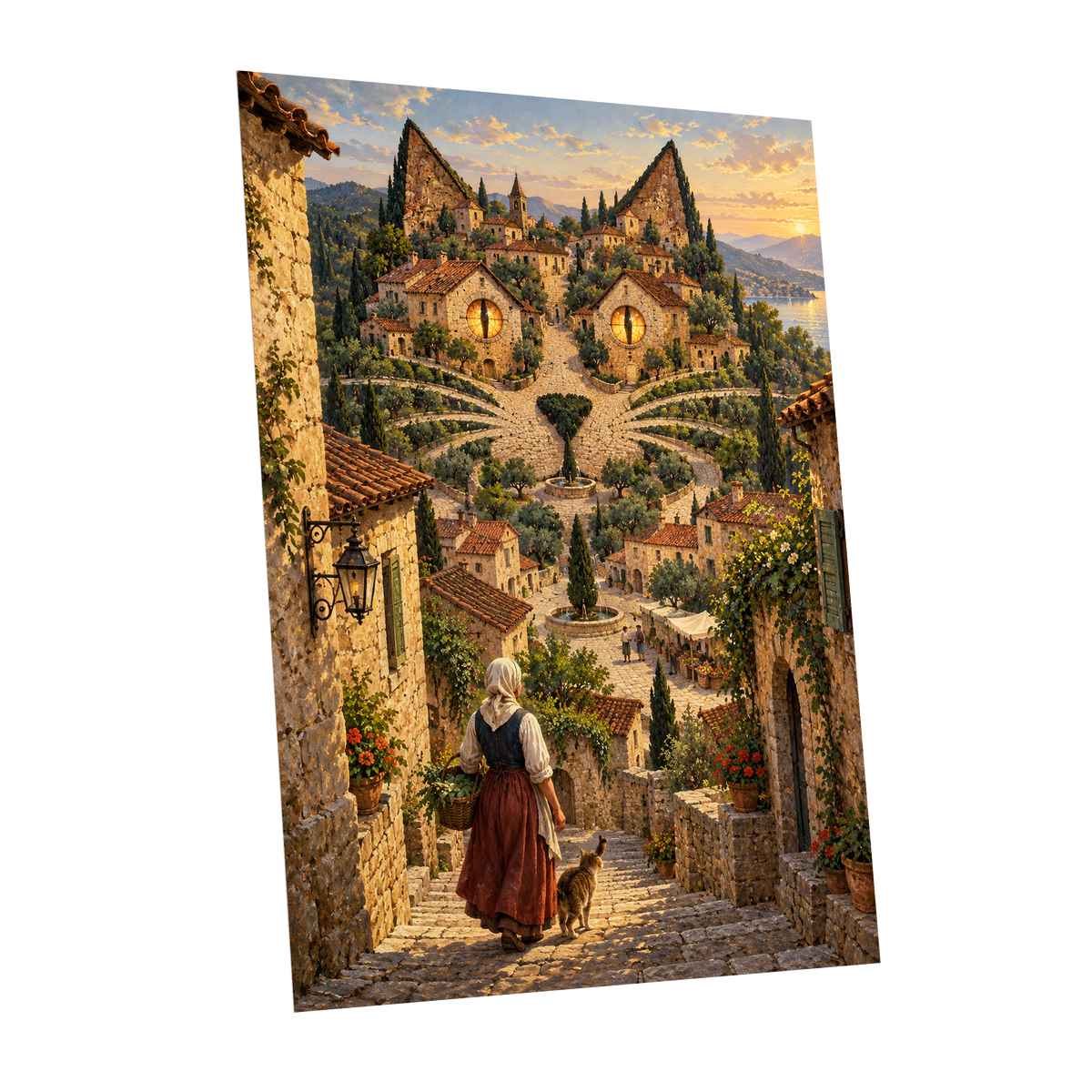 The Cat-Eyed Village, beige, green, gold abstract wall art shown as a unframed poster wall art print