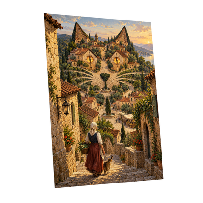 The Cat-Eyed Village, beige, green, gold abstract wall art shown as a unframed poster wall art print