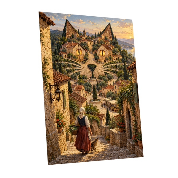 The Cat-Eyed Village, beige, green, gold abstract wall art shown as a unframed poster wall art print