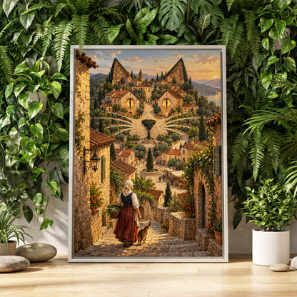 The Cat-Eyed Village, beige, green, gold abstract wall art displayed in a styled interior, gallery view 1