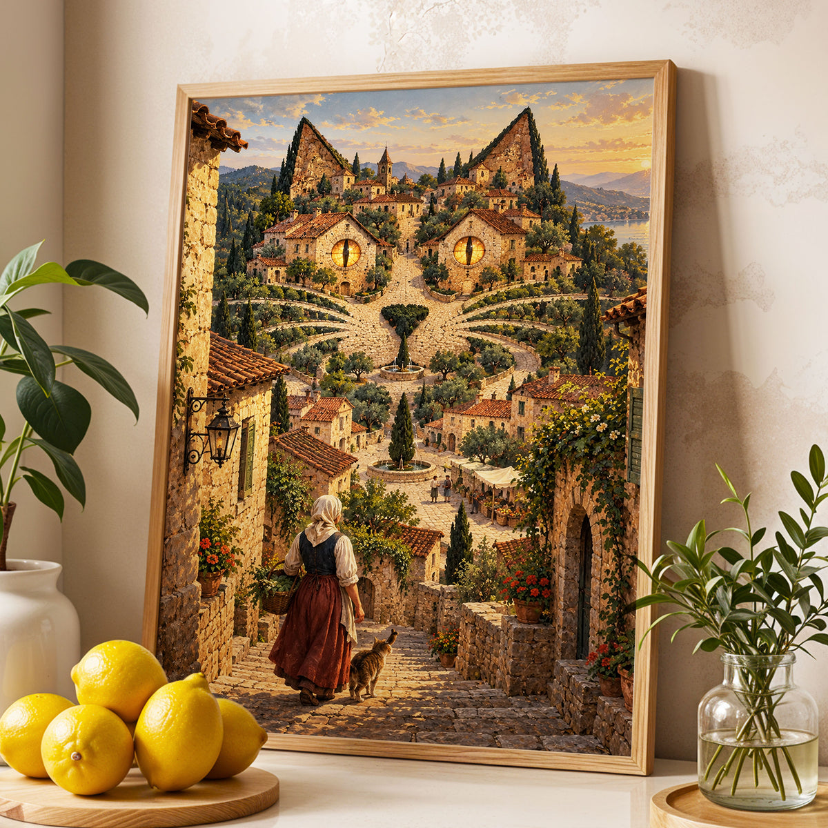 The Cat-Eyed Village, beige, green, gold abstract wall art displayed in a styled interior, gallery view 3