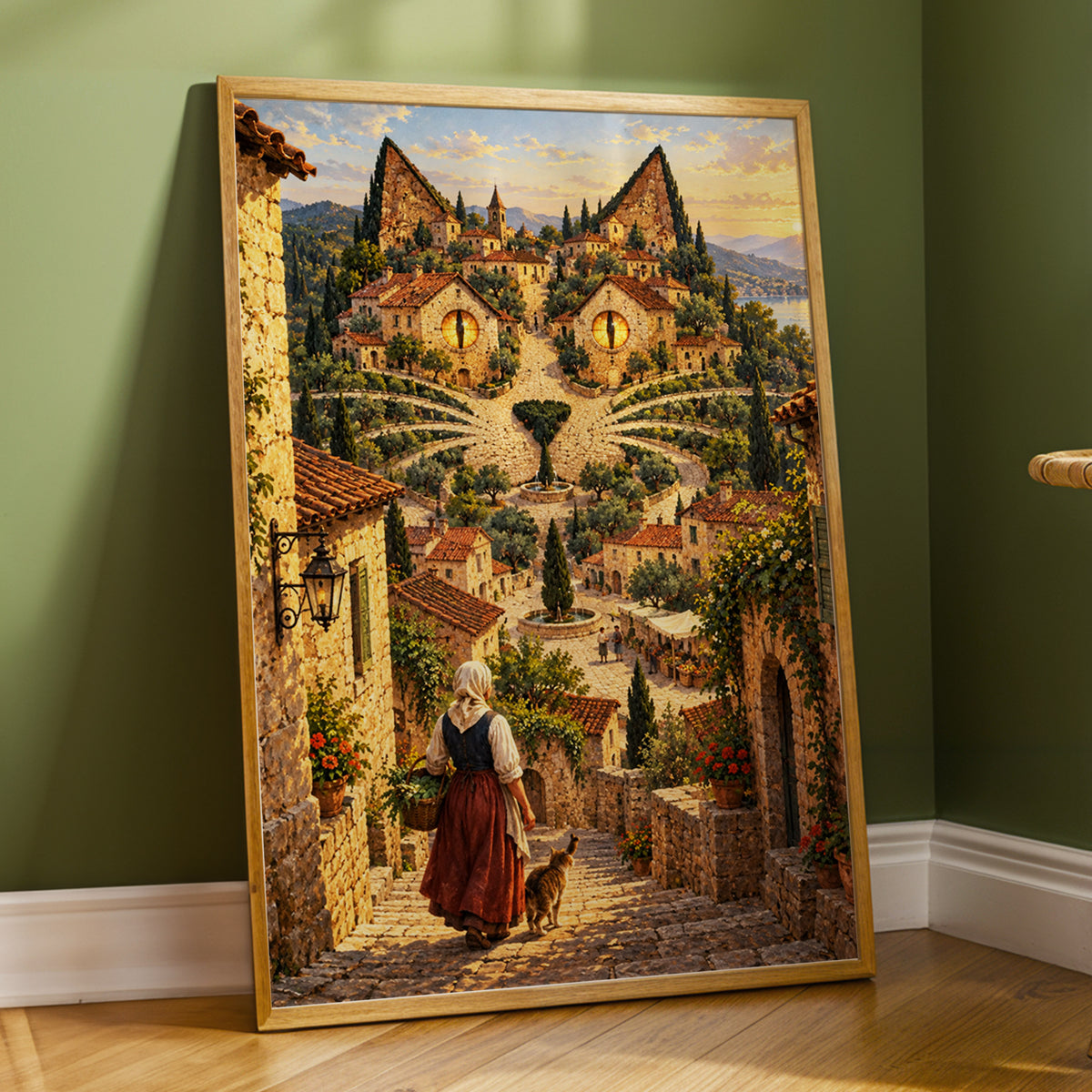 The Cat-Eyed Village, beige, green, gold abstract wall art displayed in a styled interior, gallery view 4