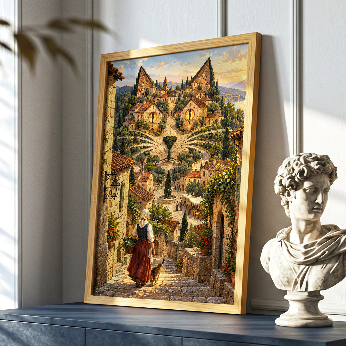 The Cat-Eyed Village, beige, green, gold abstract wall art displayed in a styled interior, gallery view 5