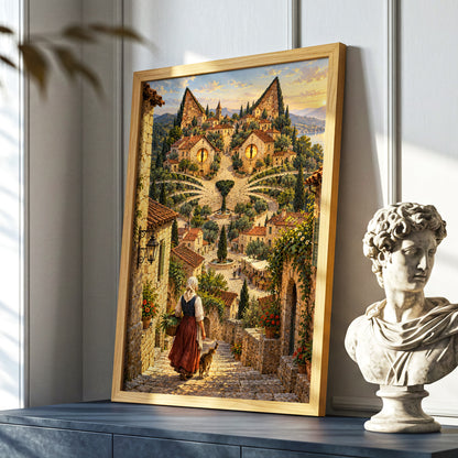 The Cat-Eyed Village, beige, green, gold abstract wall art displayed in a styled interior, gallery view 5
