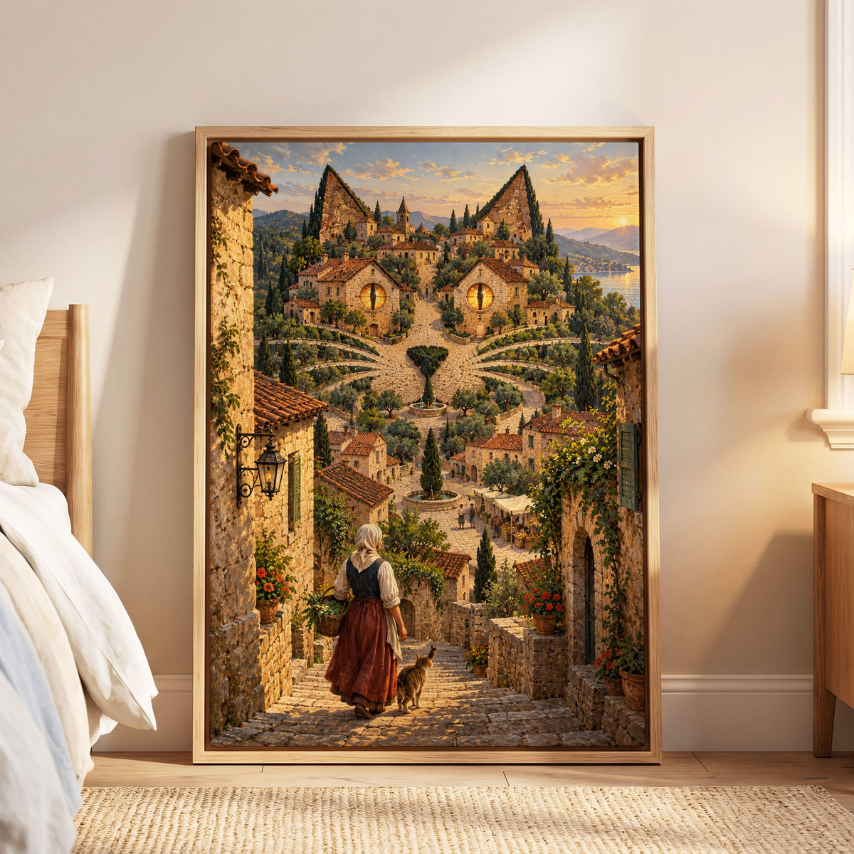 The Cat-Eyed Village, beige, green, gold abstract wall art displayed in a styled interior, gallery view 6