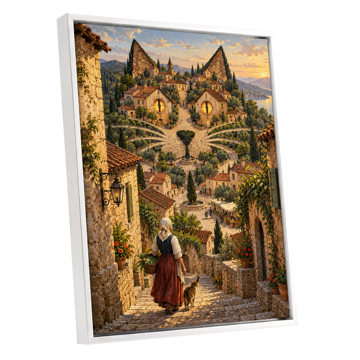 The Cat-Eyed Village, beige, green, gold abstract wall art shown as a white framed canvas wall art