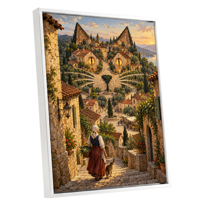 The Cat-Eyed Village, beige, green, gold abstract wall art shown as a white framed canvas wall art