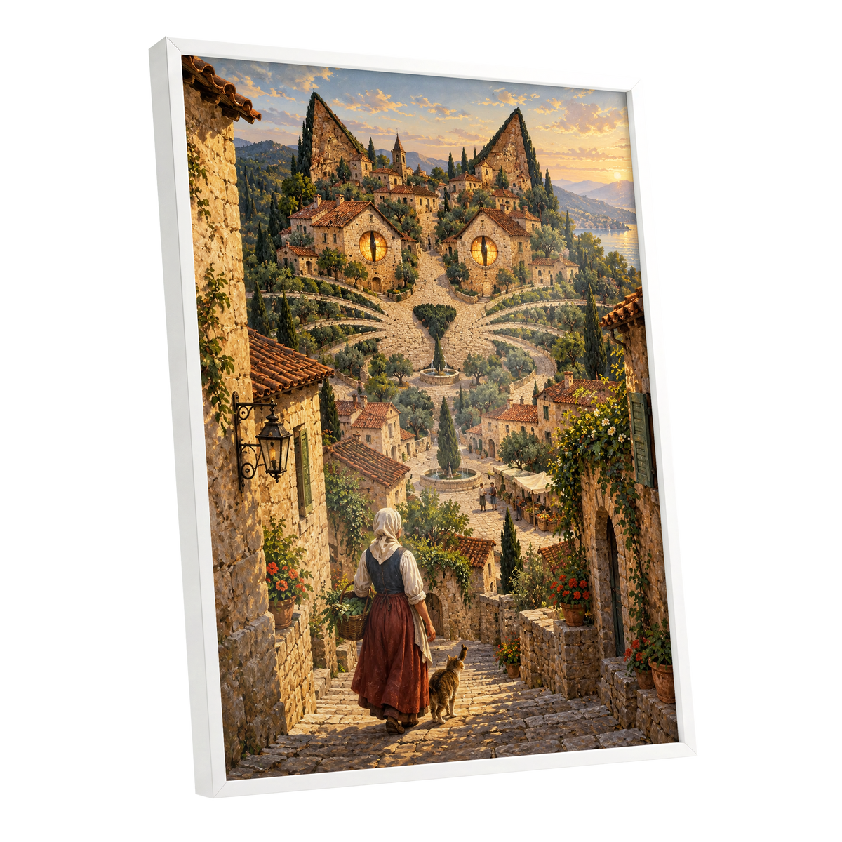 The Cat-Eyed Village, beige, green, gold abstract wall art shown as a white framed poster wall art print
