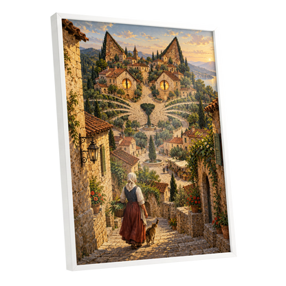 The Cat-Eyed Village, beige, green, gold abstract wall art shown as a white framed poster wall art print