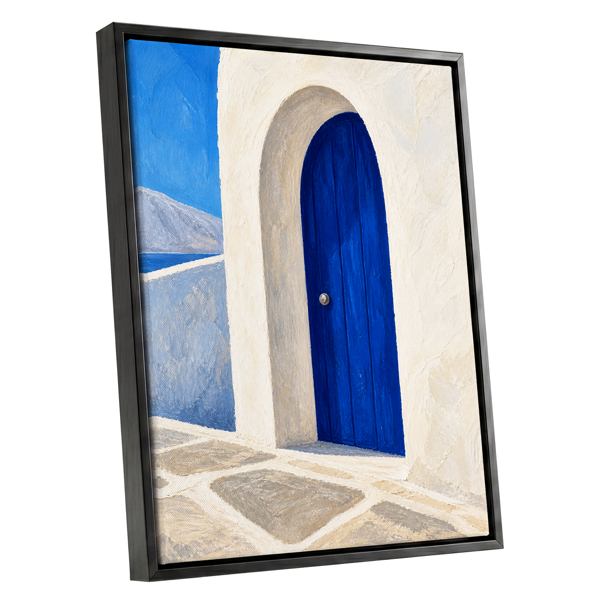 The Cobalt Archway, blue, white, beige minimalist wall art shown as a black framed canvas wall art