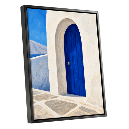 The Cobalt Archway, blue, white, beige minimalist wall art shown as a black framed canvas wall art