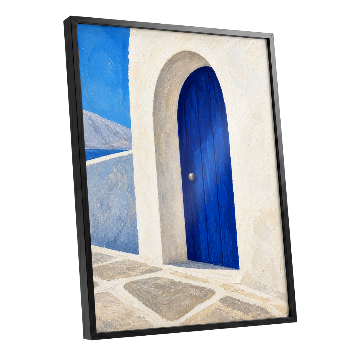 The Cobalt Archway, blue, white, beige minimalist wall art shown as a black framed poster wall art print