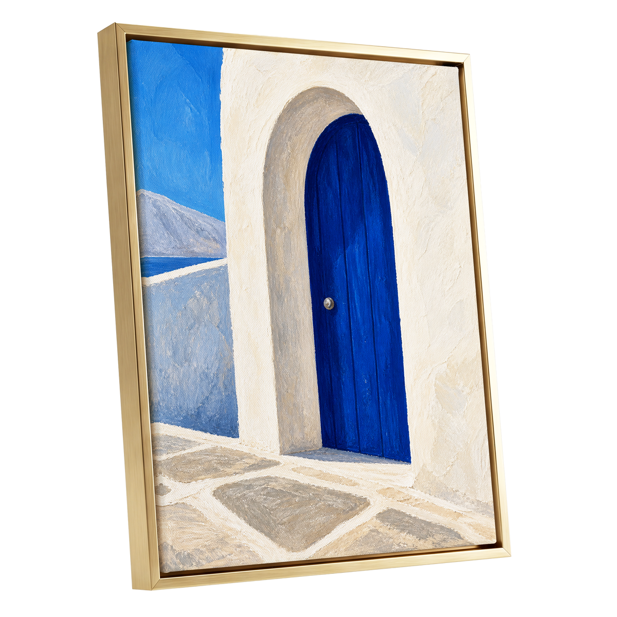 The Cobalt Archway, blue, white, beige minimalist wall art shown as a gold framed canvas wall art
