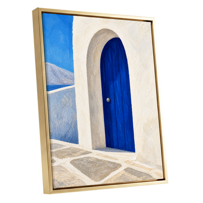 The Cobalt Archway, blue, white, beige minimalist wall art shown as a gold framed canvas wall art