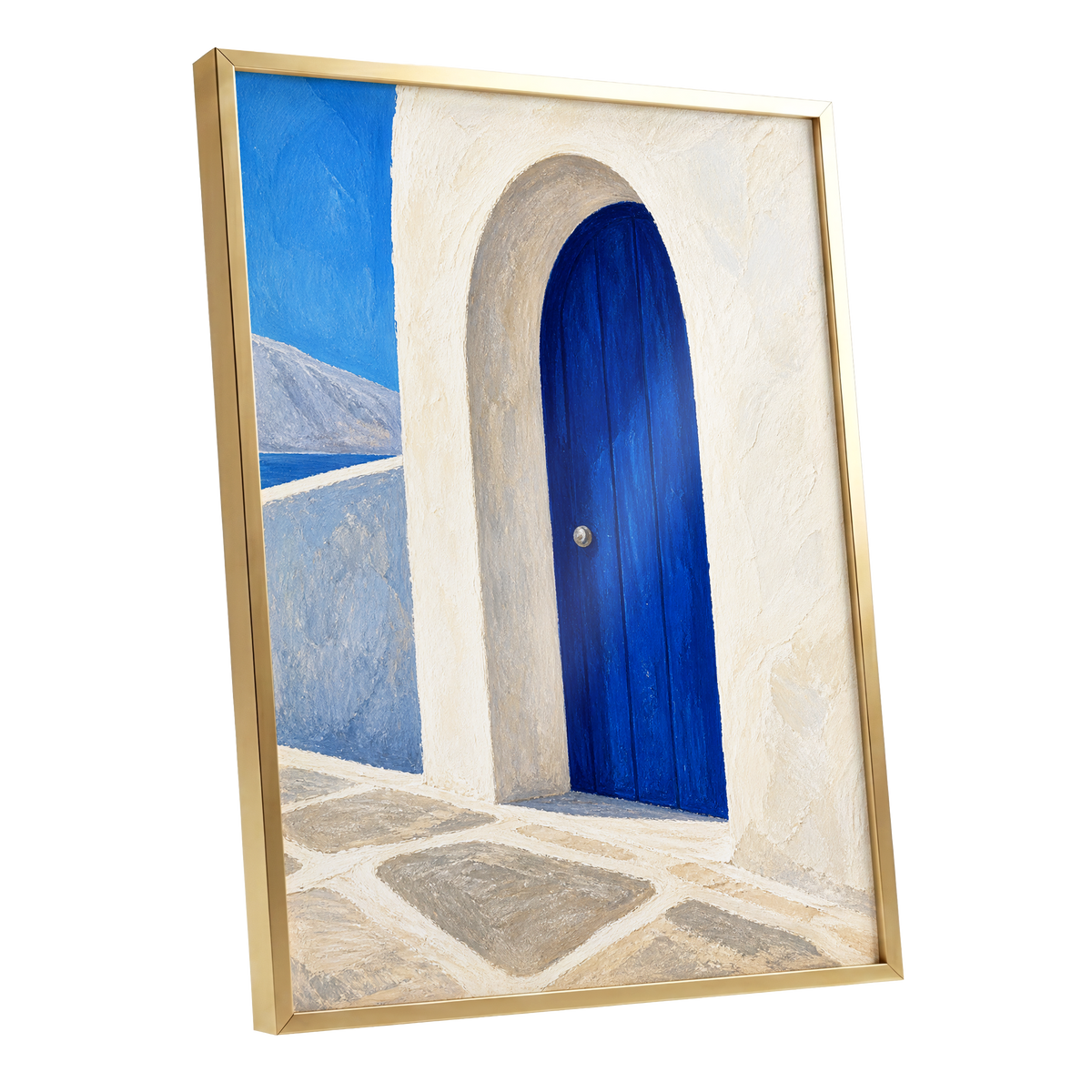 The Cobalt Archway, blue, white, beige minimalist wall art shown as a gold framed poster wall art print