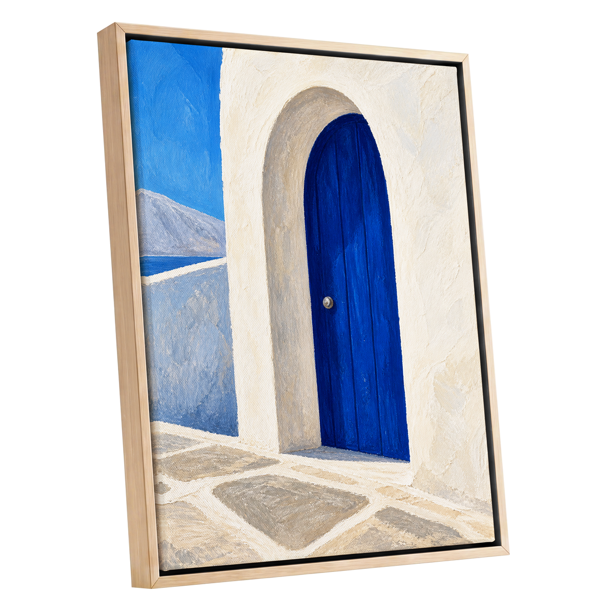 The Cobalt Archway, blue, white, beige minimalist wall art shown as a oak framed canvas wall art