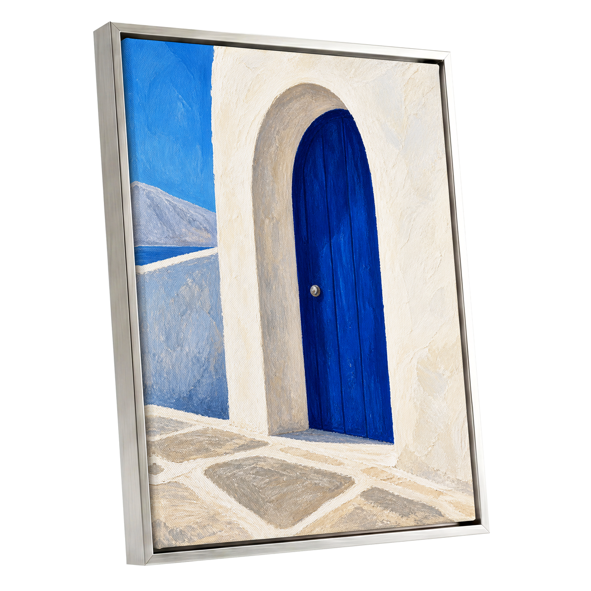 The Cobalt Archway, blue, white, beige minimalist wall art shown as a silver framed canvas wall art