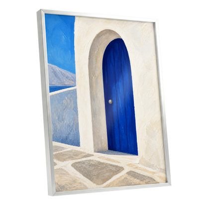 The Cobalt Archway, blue, white, beige minimalist wall art shown as a silver framed poster wall art print