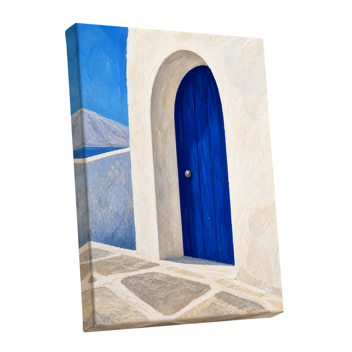 The Cobalt Archway, blue, white, beige minimalist wall art shown as a stretched canvas wall art
