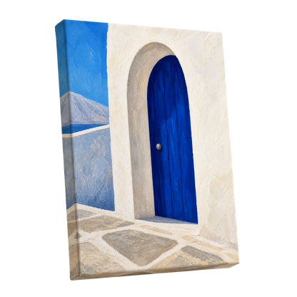 The Cobalt Archway, blue, white, beige minimalist wall art shown as a stretched canvas wall art