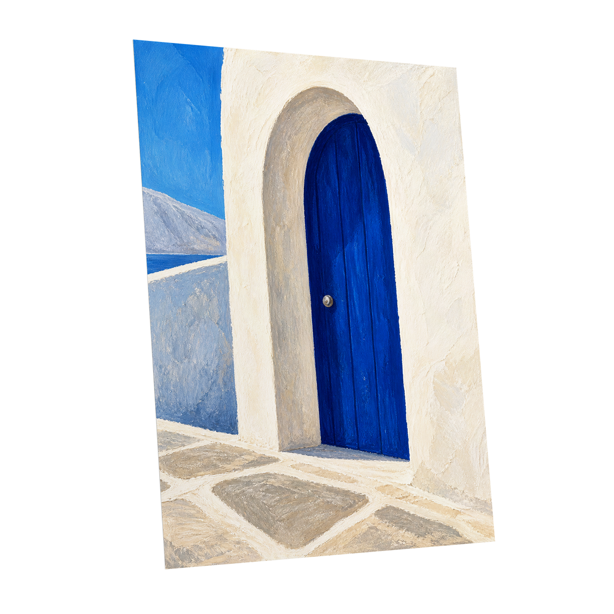 The Cobalt Archway, blue, white, beige minimalist wall art shown as a unframed poster wall art print