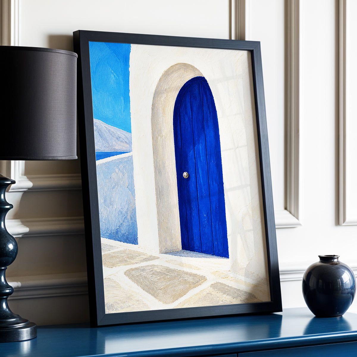 The Cobalt Archway, blue, white, beige minimalist wall art displayed in a styled interior, gallery view 2