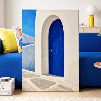 The Cobalt Archway, blue, white, beige minimalist wall art displayed in a styled interior, gallery view 3