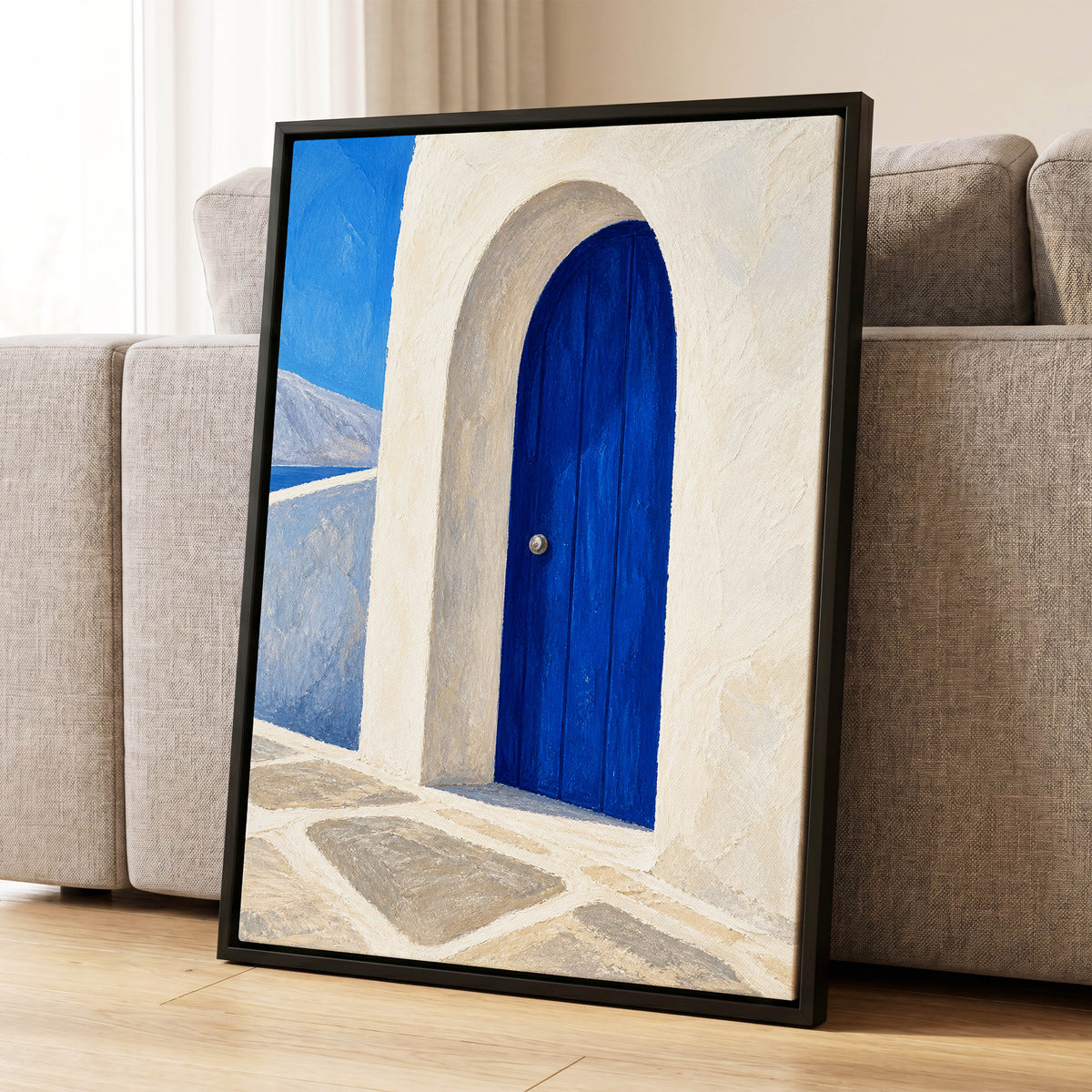 The Cobalt Archway, blue, white, beige minimalist wall art displayed in a styled interior, gallery view 4
