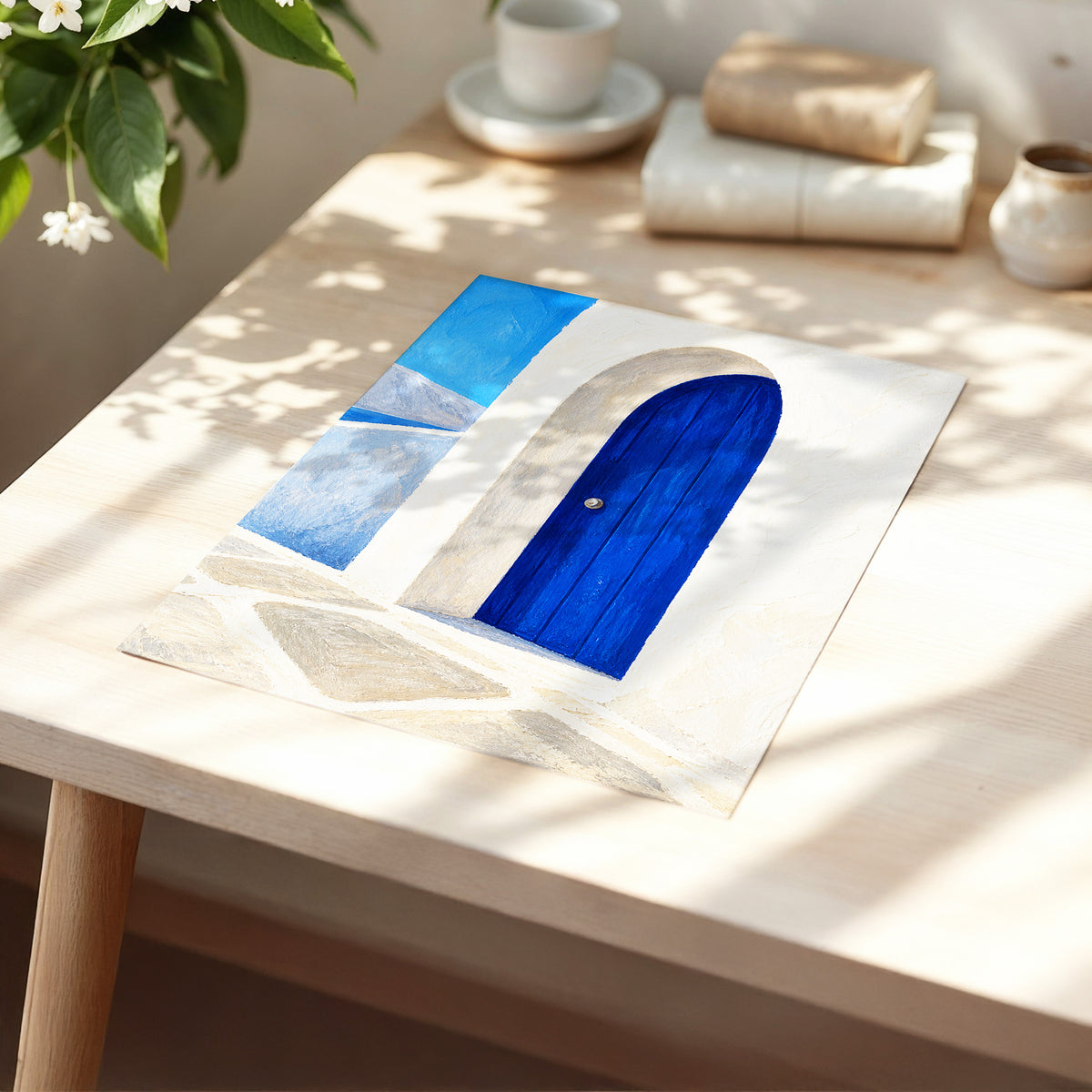 The Cobalt Archway, blue, white, beige minimalist wall art displayed in a styled interior, gallery view 5