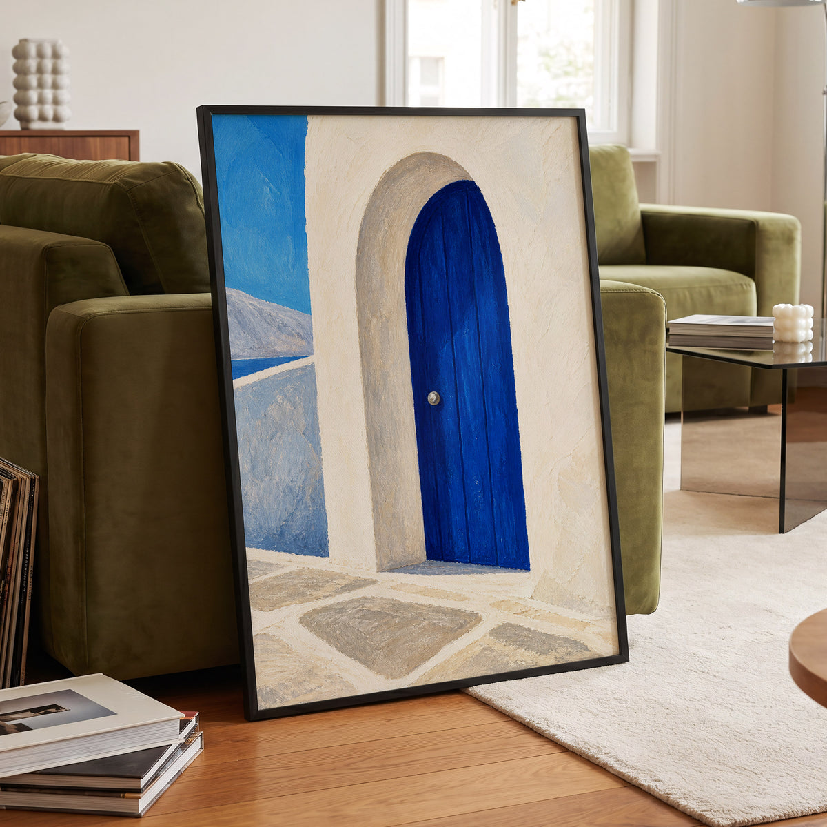 The Cobalt Archway, blue, white, beige minimalist wall art displayed in a styled interior, gallery view 6