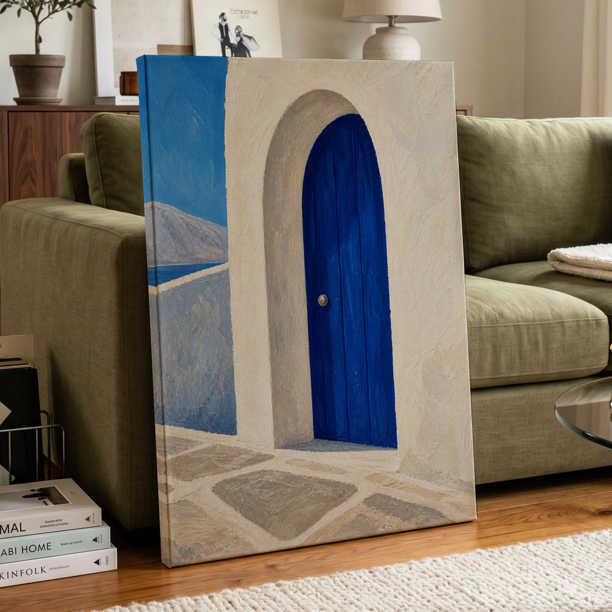 The Cobalt Archway, blue, white, beige minimalist wall art displayed in a styled interior, gallery view 7