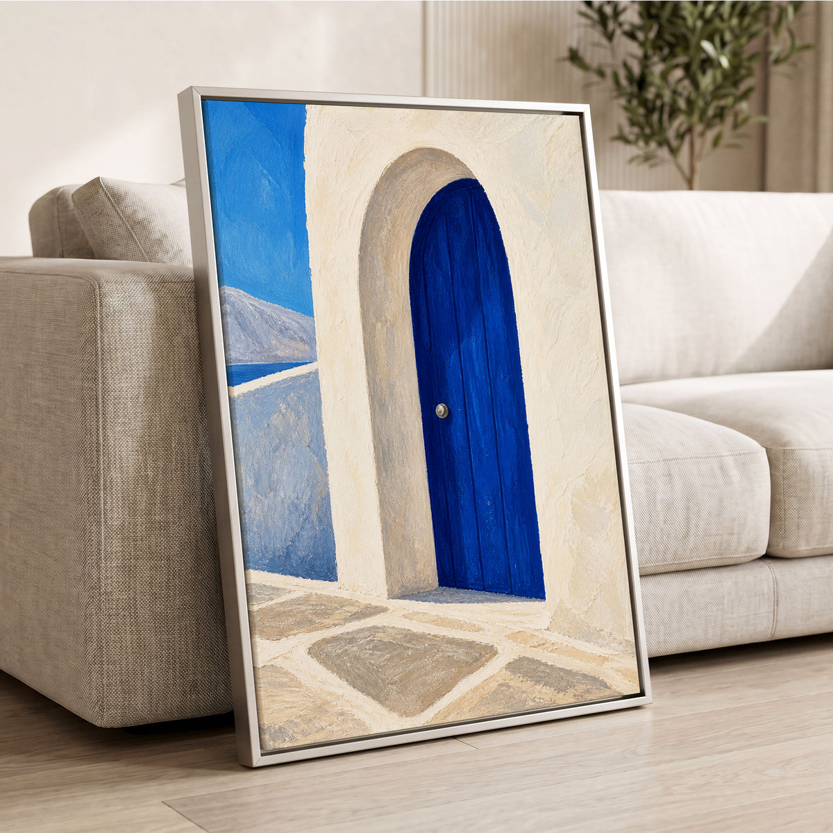 The Cobalt Archway, blue, white, beige minimalist wall art displayed in a styled interior, gallery view 8