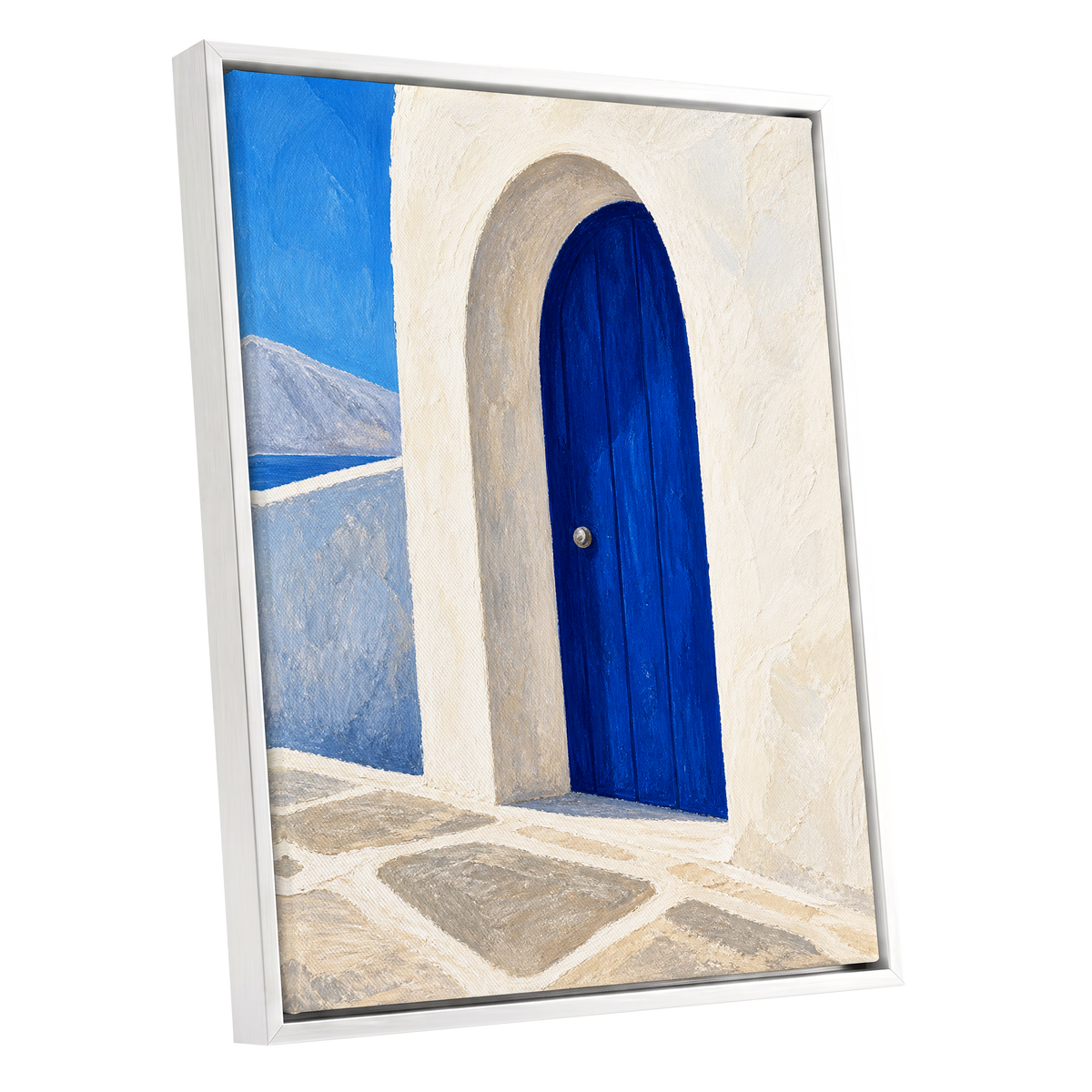 The Cobalt Archway, blue, white, beige minimalist wall art shown as a white framed canvas wall art
