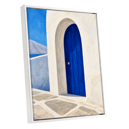 The Cobalt Archway, blue, white, beige minimalist wall art shown as a white framed canvas wall art