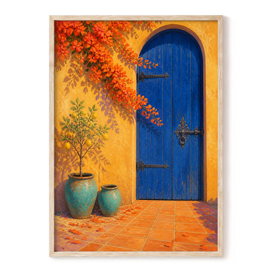 The Cobalt Courtyard, blue, orange, yellow abstract wall art, front artwork view