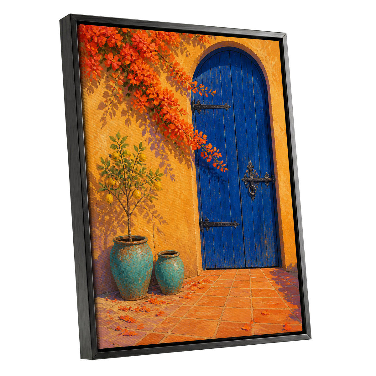 The Cobalt Courtyard, blue, orange, yellow abstract wall art shown as a black framed canvas wall art
