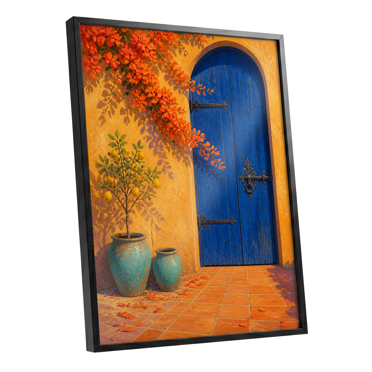 The Cobalt Courtyard, blue, orange, yellow abstract wall art shown as a black framed poster wall art print