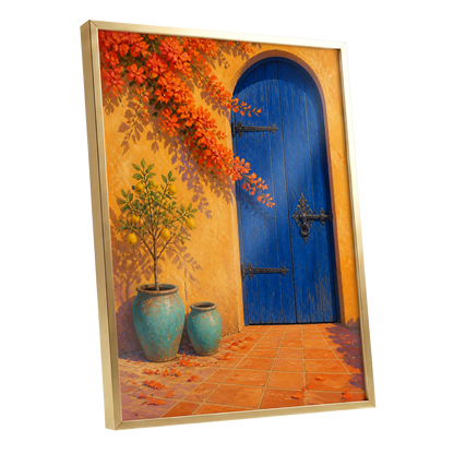 The Cobalt Courtyard, blue, orange, yellow abstract wall art shown as a gold framed poster wall art print