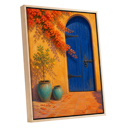 The Cobalt Courtyard, blue, orange, yellow abstract wall art shown as a oak framed canvas wall art