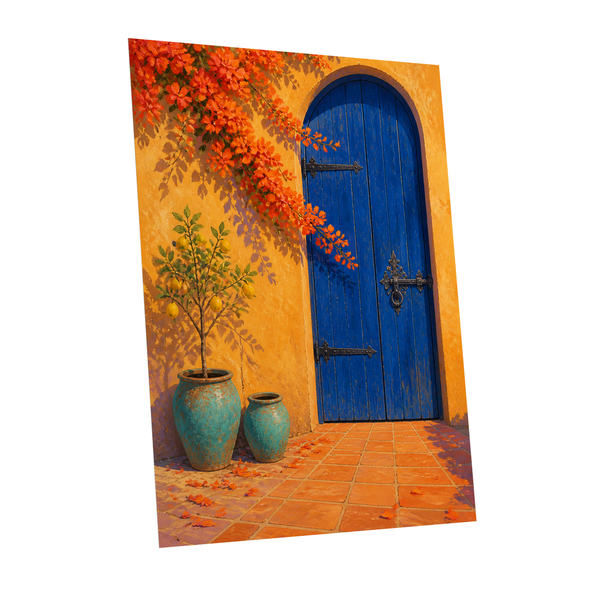 The Cobalt Courtyard, blue, orange, yellow abstract wall art shown as a unframed poster wall art print