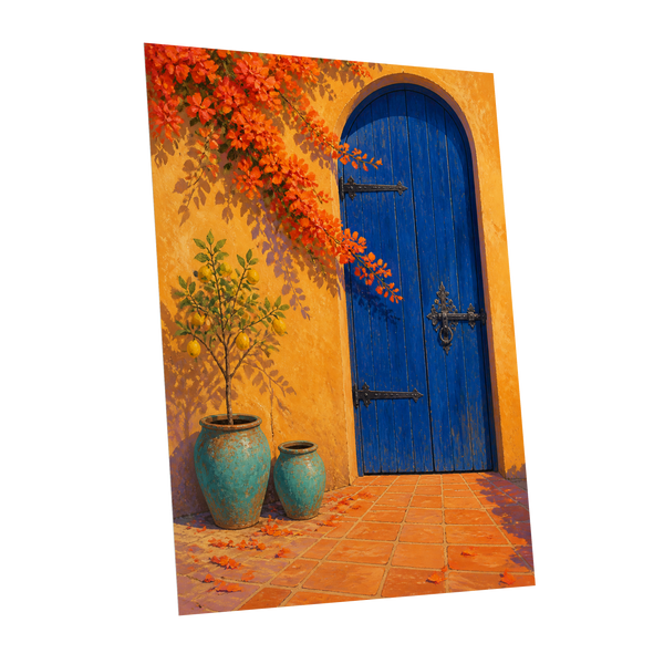 The Cobalt Courtyard, blue, orange, yellow abstract wall art shown as a unframed poster wall art print